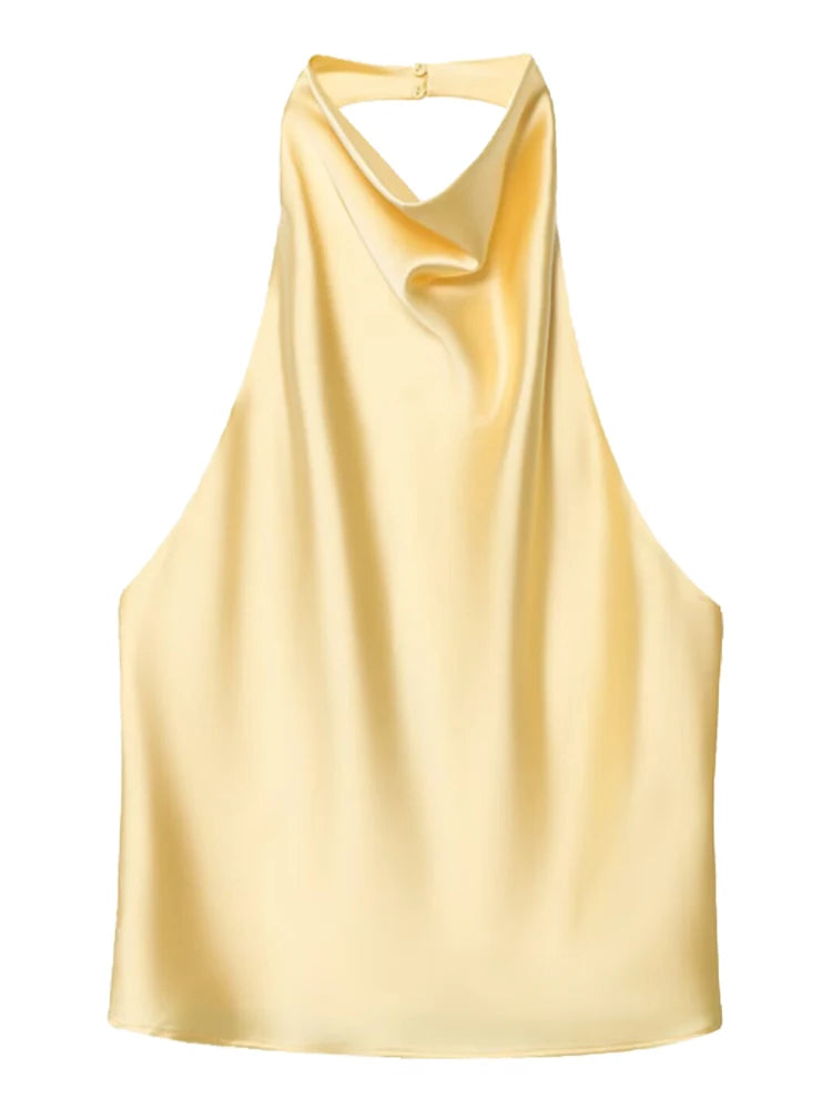 Women’s Satin Halter Backless Corset Top – Elegant Summer Sleeveless Tank in Yellow, Pink, Black