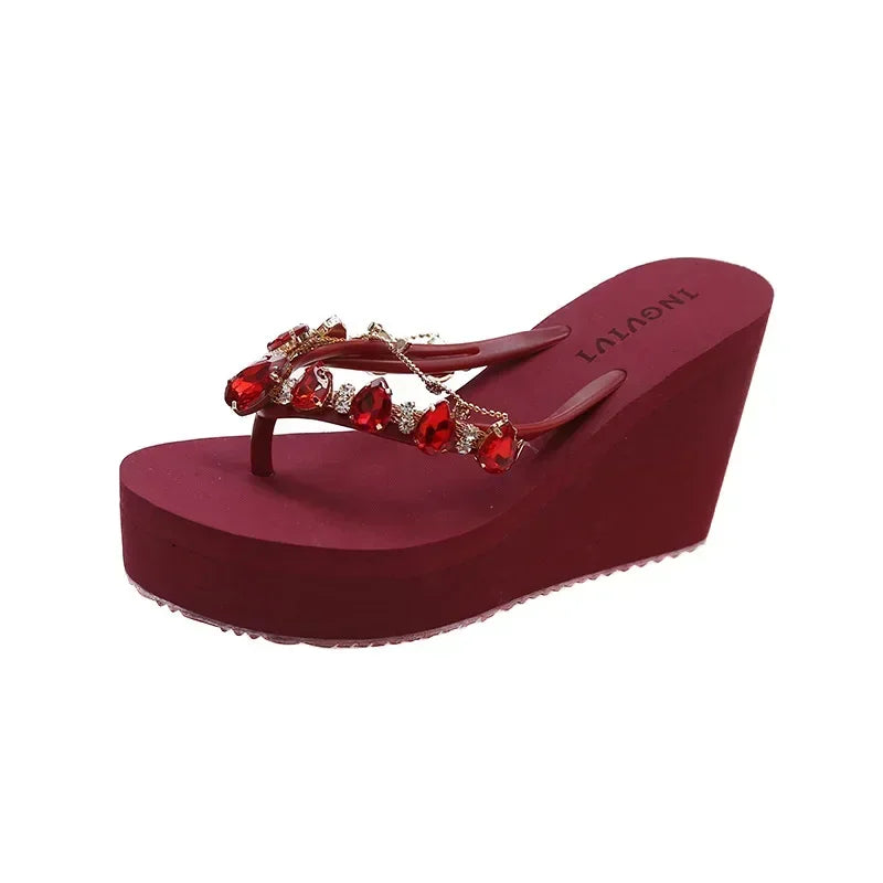 Women’s High Heeled Flip Flops — Diamond Slope Heel Slippers Elegant Beach Sandals