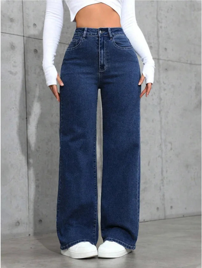Trendy Washed High-Waisted Straight-Leg Jeans Women with Large Front & Back Pockets for Daily Casual Versatile Lady Jeans ‌