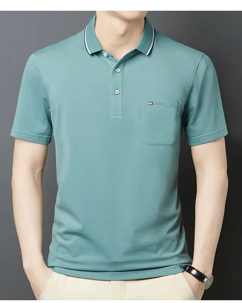 Top Grade Summer Short Sleeve Korean New Fashion Cotton Soft Pure Color Lapel Slim Fit Casual Tops Men's pocket Polo Shirts