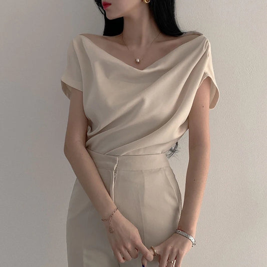Temperament Off Shoulder Design Versatile Short Sleeve Pile Up Collar Shirt Slash Crop Top Blusas Mujer De Moda 2025 Slim Shirts