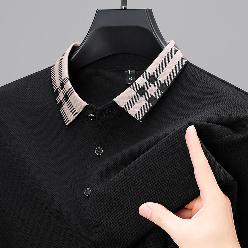 Men’s Light‑Luxury Long‑Sleeve Striped Polo Shirt