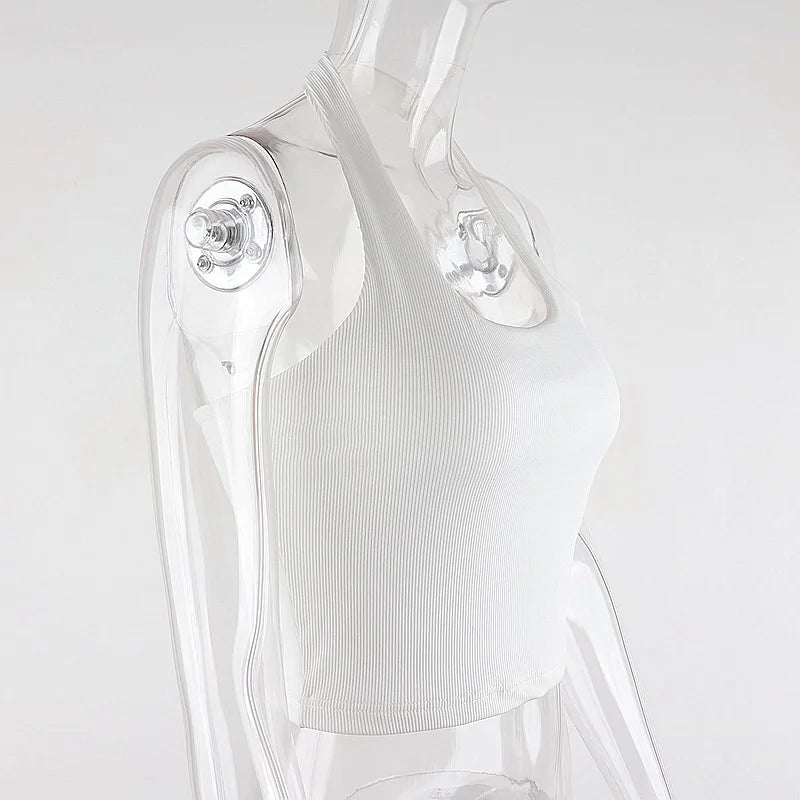 White Halter Backless Ribbed Knit Crop Top — 2023 Streetwear Feminino Style