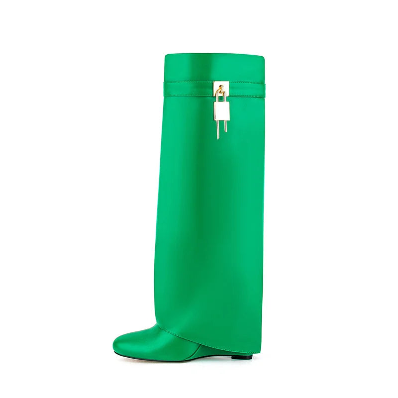 Lock Metal Buckle Women Knee High Boots Wedges Shoes For Woman Punk Style Round Toe Zipper Cowboy Boots Trend 2025 Female Shoes