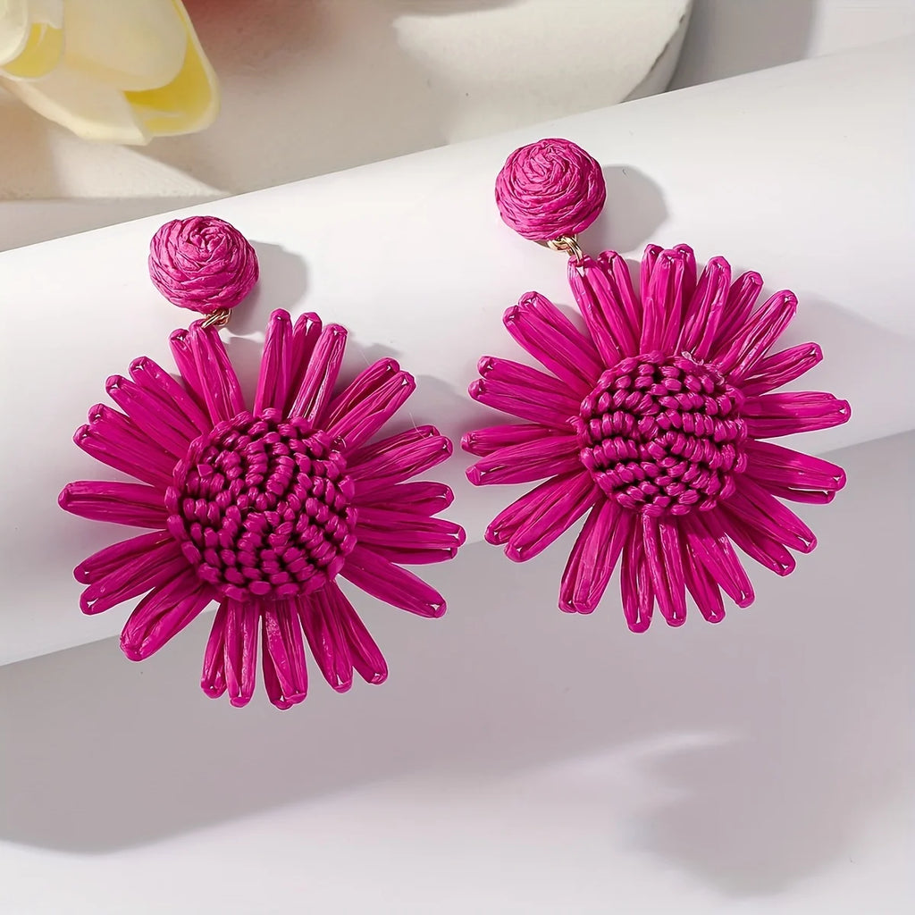 Bohemian vacation style hand-woven raffia sunflower droop earrings beach style multi-color fashion ladies special gift (1 pair)