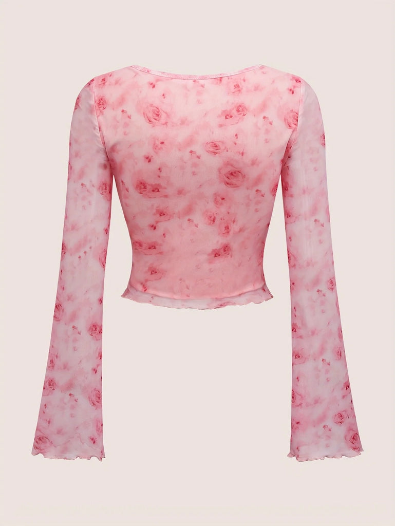 Summer Women's Y2k Floral Printed Sweet V-Neck T-shirts Mesh Beach Party Dress Top Flare Sleeve Square Collar Lace Up Shirt 2025