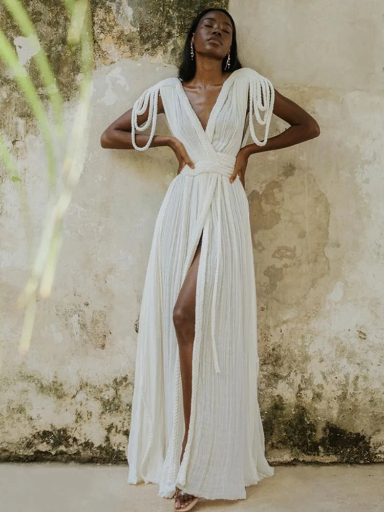 Strap Off Shoulder Hanging Neck Woven Rope Women Dress V-neck Slit Pleated Robe 2025 Summer Vacation Beach Lady Long Dresses