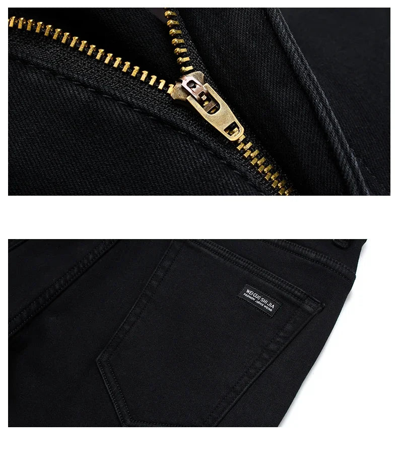 Men’s Stretch Black Biker Jeans – Classic Spring/Autumn Soft Denim Pants | Fashion Slim/Regular Fit Trousers