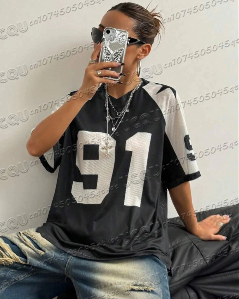 Oversized T-shirt For Women V-Neck Short Sleeve Summer Patchwork Speed 91 Printed Streetwear Tops Casual Football Jersey Y2k Tee