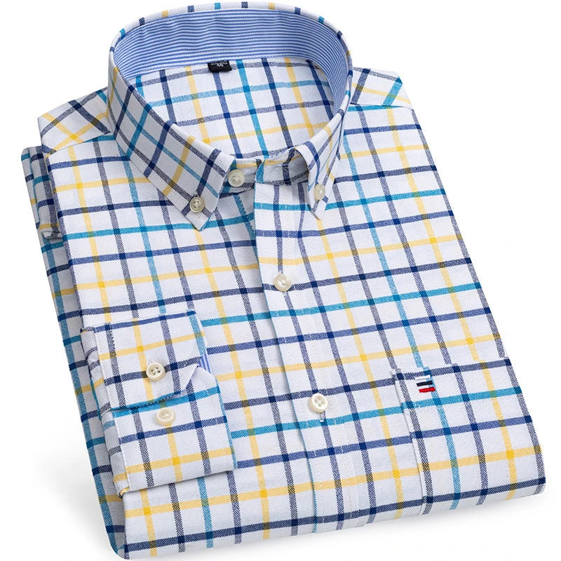 2024 New Quality Men's Social Shirt Long Sleeve 100% Pure Cotton Oxford Soft Plaid Formal Male Clothes Oversized Shirt S-7XL