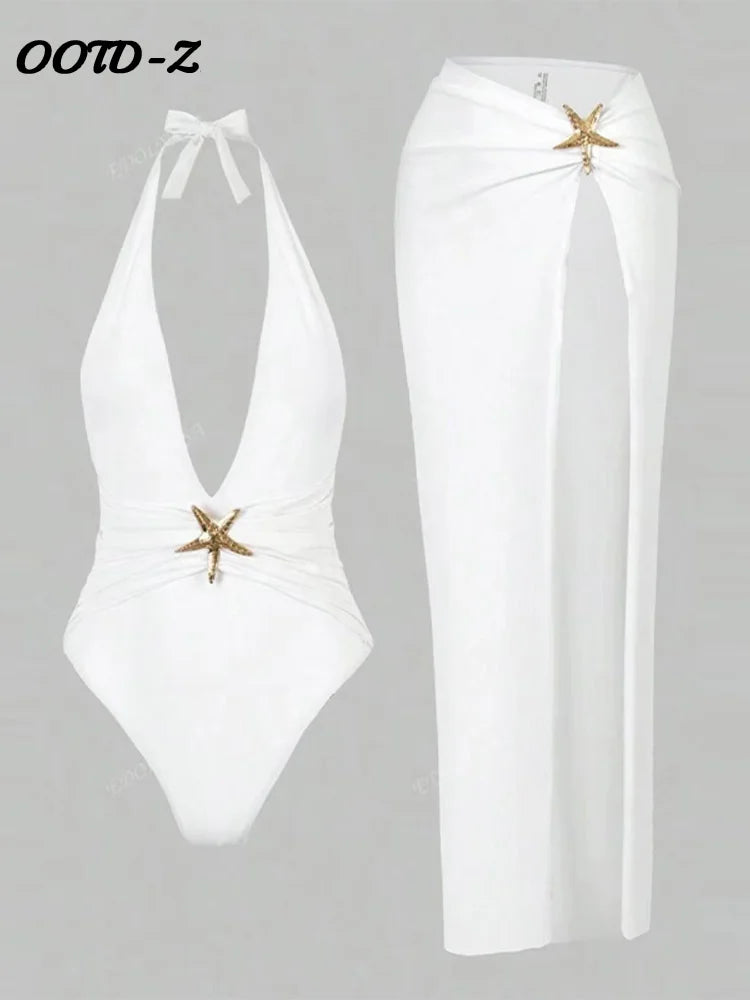 Women’s 2025 Halter Starfish Bikini Set – Deep V‑Neck Swimsuit with Side‑Split Skirt Beachwear