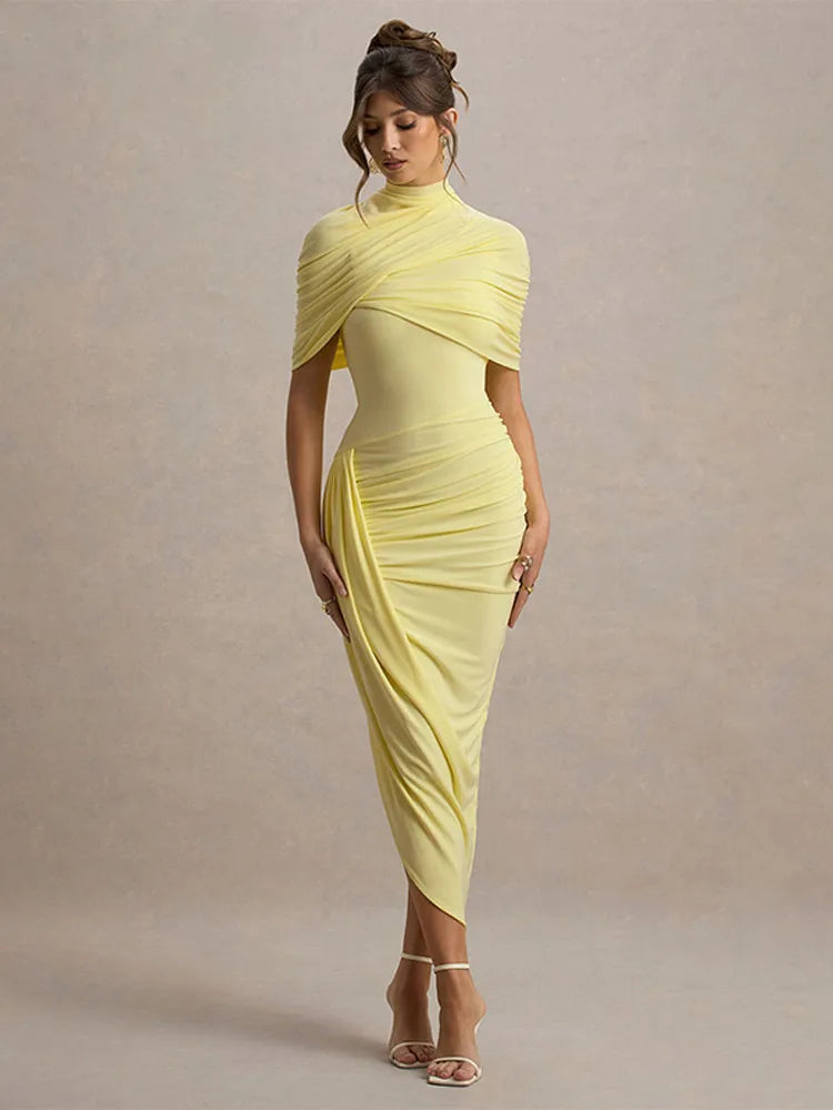 Irregular Shawl Blue Maxi Dress – Women’s 2025 Slim‑Fit Turtleneck Pleated Evening Party Dress
