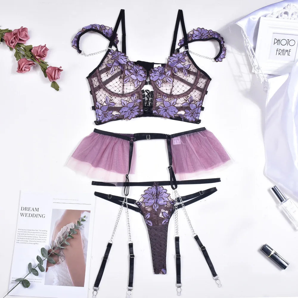Brskbzda Fancy Lingerie Set Floral Sexy Porn Underwear Women Body Ruffle Garters Briefs Transparent Bra Chic Sexy Costume 3Piece