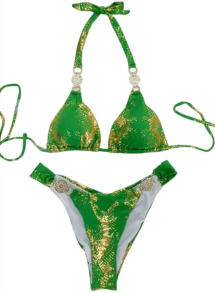Women’s 2026 White Snake‑Skin Rhinestone Micro Bikini – Luxury Brazilian Push‑Up Thong Swimsuit