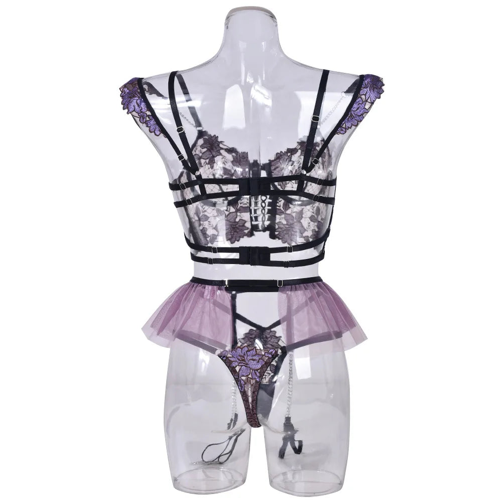 Brskbzda Fancy Lingerie Set Floral Sexy Porn Underwear Women Body Ruffle Garters Briefs Transparent Bra Chic Sexy Costume 3Piece