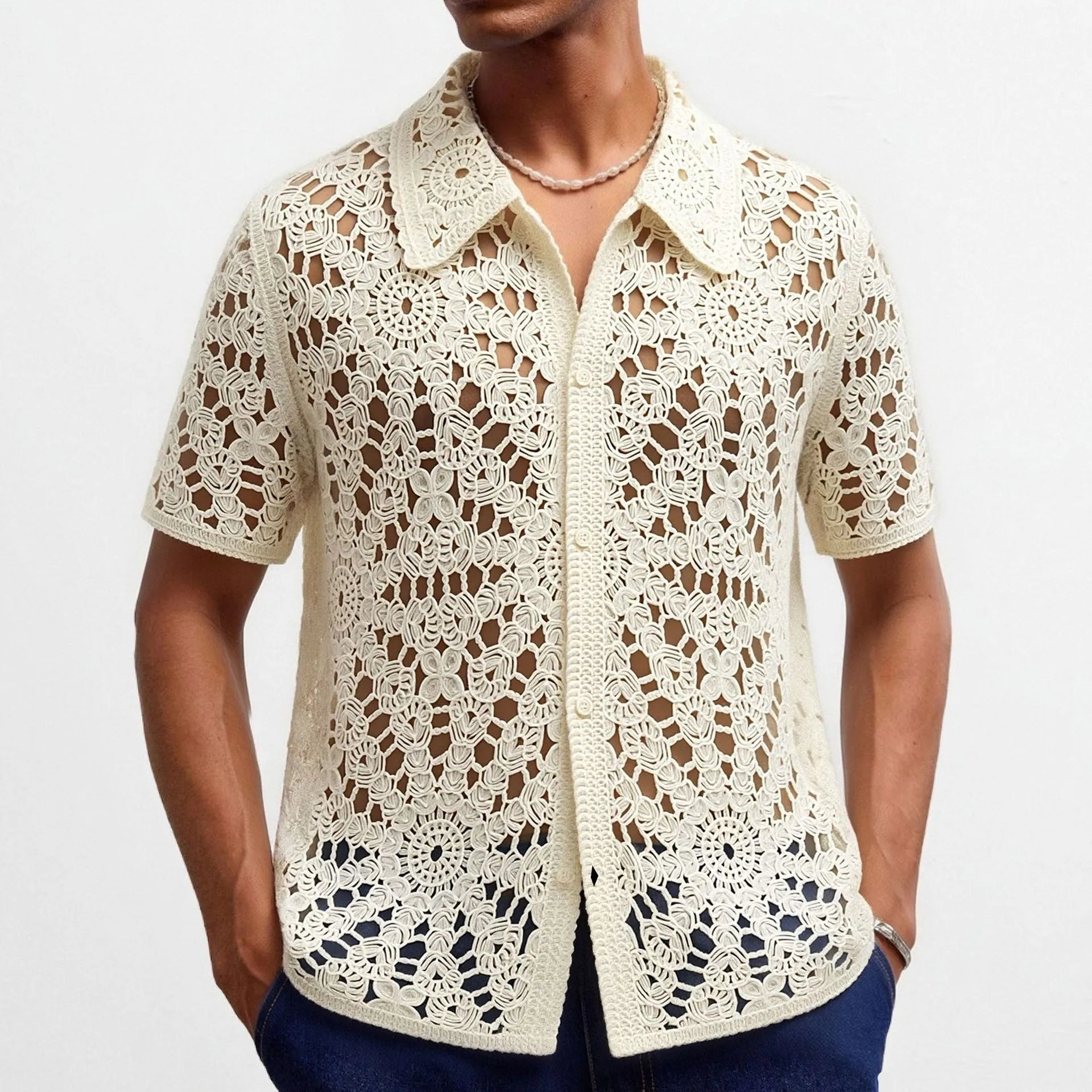 French Retro Crochet Polo Shirt