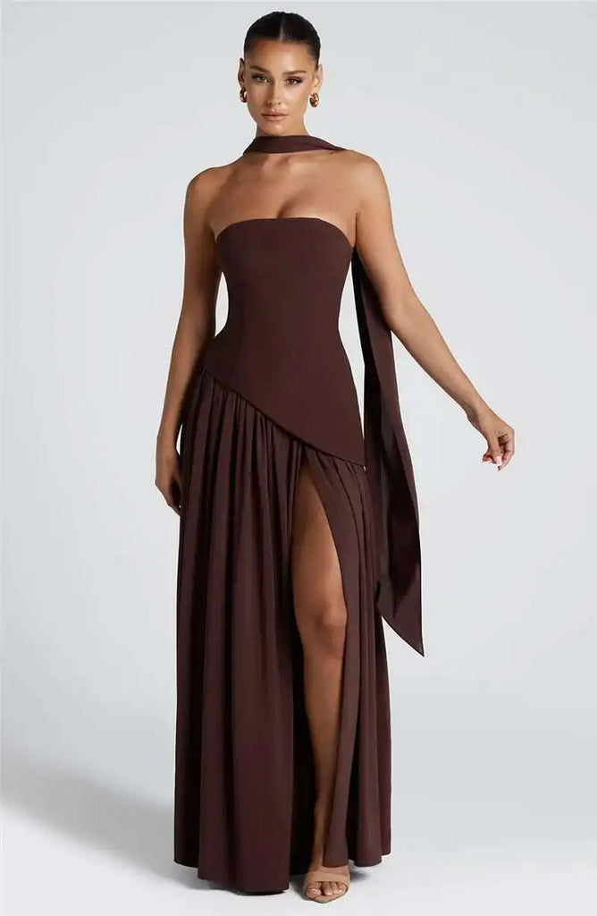 Mozision Strapless Off-shoulder Sexy Maxi Dress For Women Gown Patchwork Scarf Collar Thigh High Split Club Party Long Dress