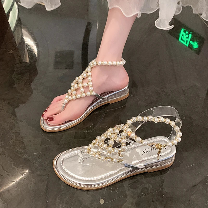 Beaded Clip Toe Women Sandals Beach Flip Flops Shoes Summer Dress Slippers Designer 2024 New Casual Mid Heels Pumps Mujer Slides