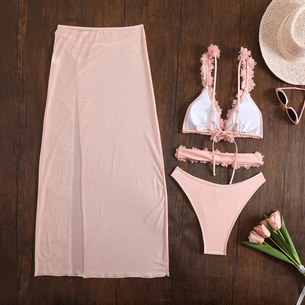 Floral Edge 3‑Piece Bikini Set with Mesh Skirt – 3D Flowers, V‑Neck Women’s Swimwear, Padded Bather, Summer Beach Biquini