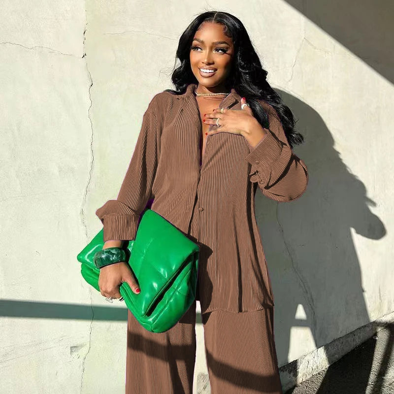 CM.YAYA Street Women's Set Long Sleeve Shirt Tops and Wide Leg Pants Elegant Tracksuit Two Piece Set Sweatsuit Fitness Outfits