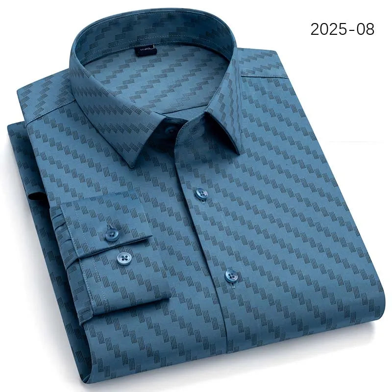 Men Long Sleeve Shirts Fashion Print Plaid Wrinkle Resistant Non Ironing Stripe Man Clothing Casual Smart Business Dress Shirts