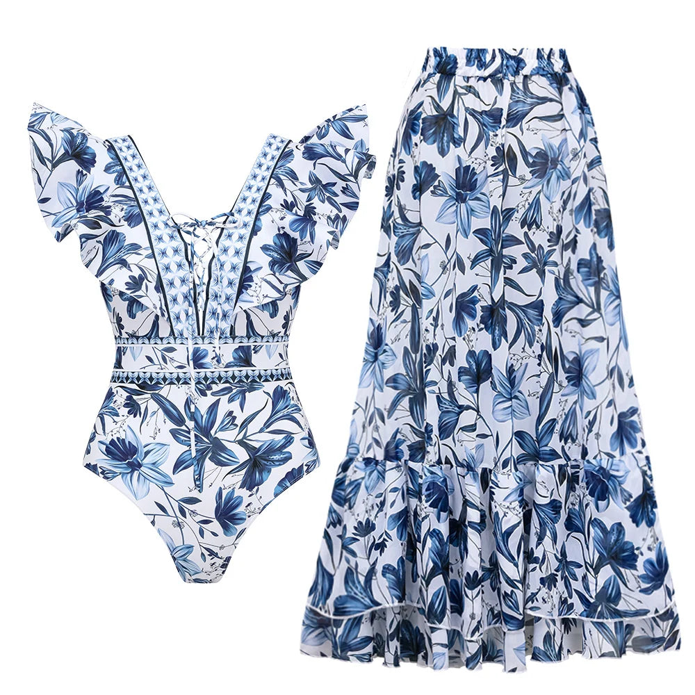 FLAXMAKER Lace‑Up V‑Neck Ruffle Monokini & Sarong
