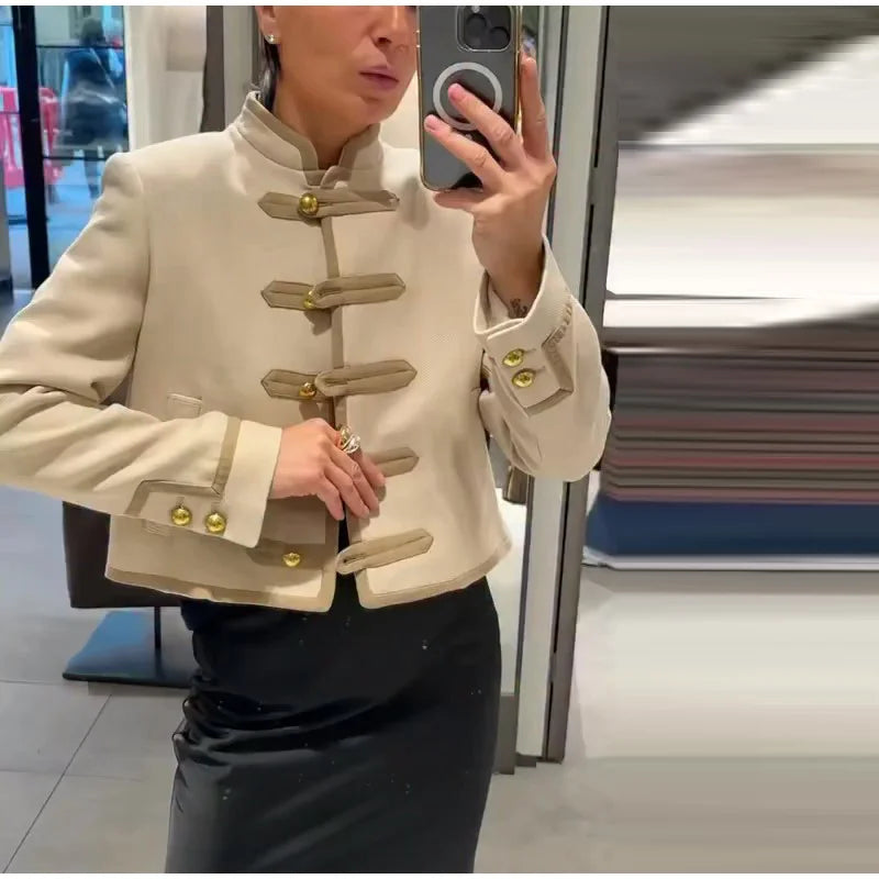 Napoleon Golden Short Jacket Women Vintage Stand Collar Long Sleeve Cropped Jackets 2026 Spring New Lady Outwear High Street