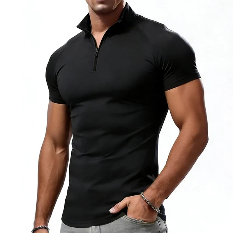Men’s Compression T‑Shirt – Summer Slim Fit Zipper Neck Gym Fitness Tee, Skinny Casual Fashion Top