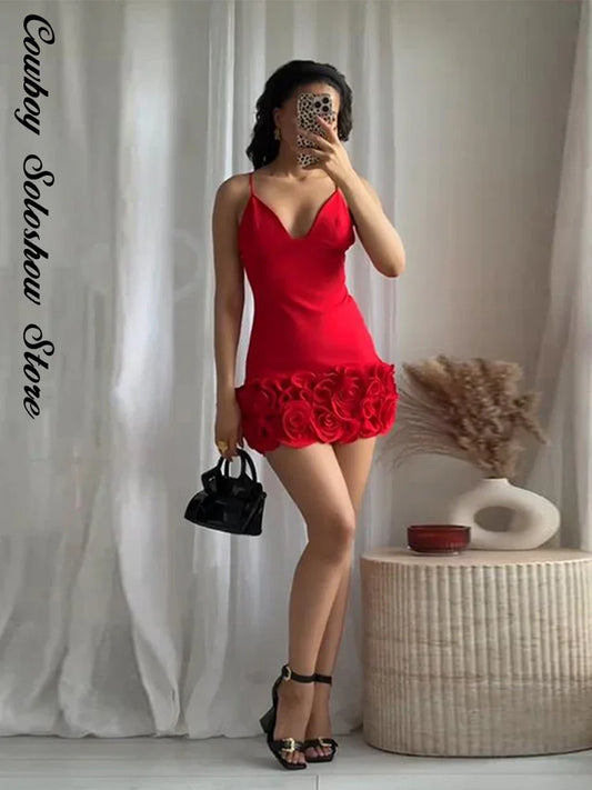 Sexy 3d Flower Mini Dress Women Chic Sling Slim Red Deep V-neck Backless Sleeveless Dresses 2025 Summer Party Evening Lady Robe