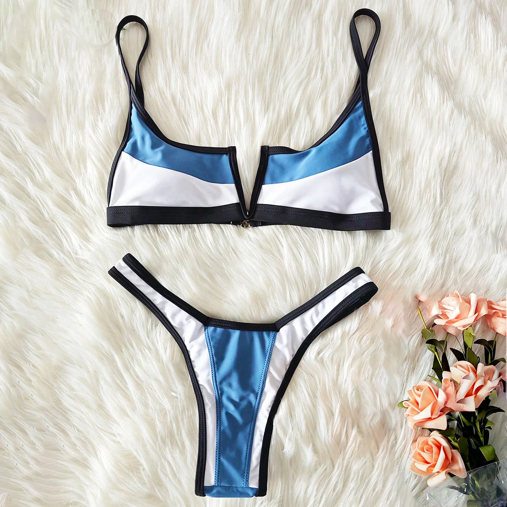 Vintage Retro Bikini Patchwork Swimsuit Thong Brazilian Sexy Swimwear Female 2024 New Summer Micro V-bar Green Bathing Suits
