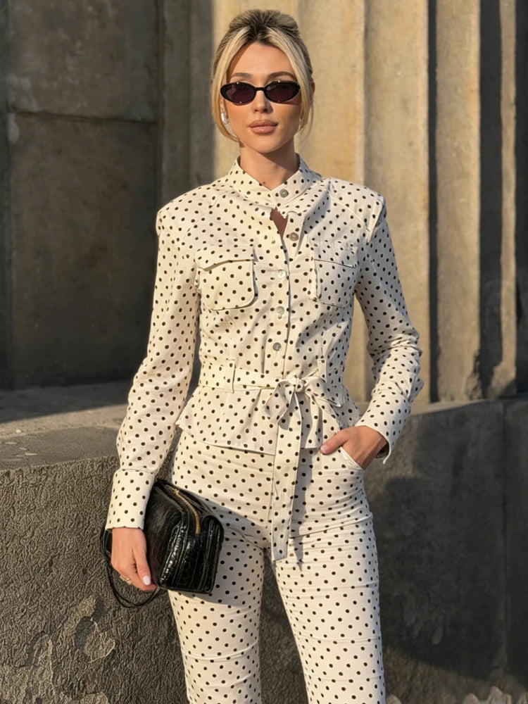 Elegant Polka‑Dot Jacket & Capri Pants Set