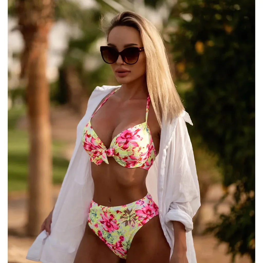 2023 Sexy Brazilian Bikini Set High Waist Golden Printed Women Swimwear Push Up Bikinis Swimsuit Female Biquini Bathing Suit