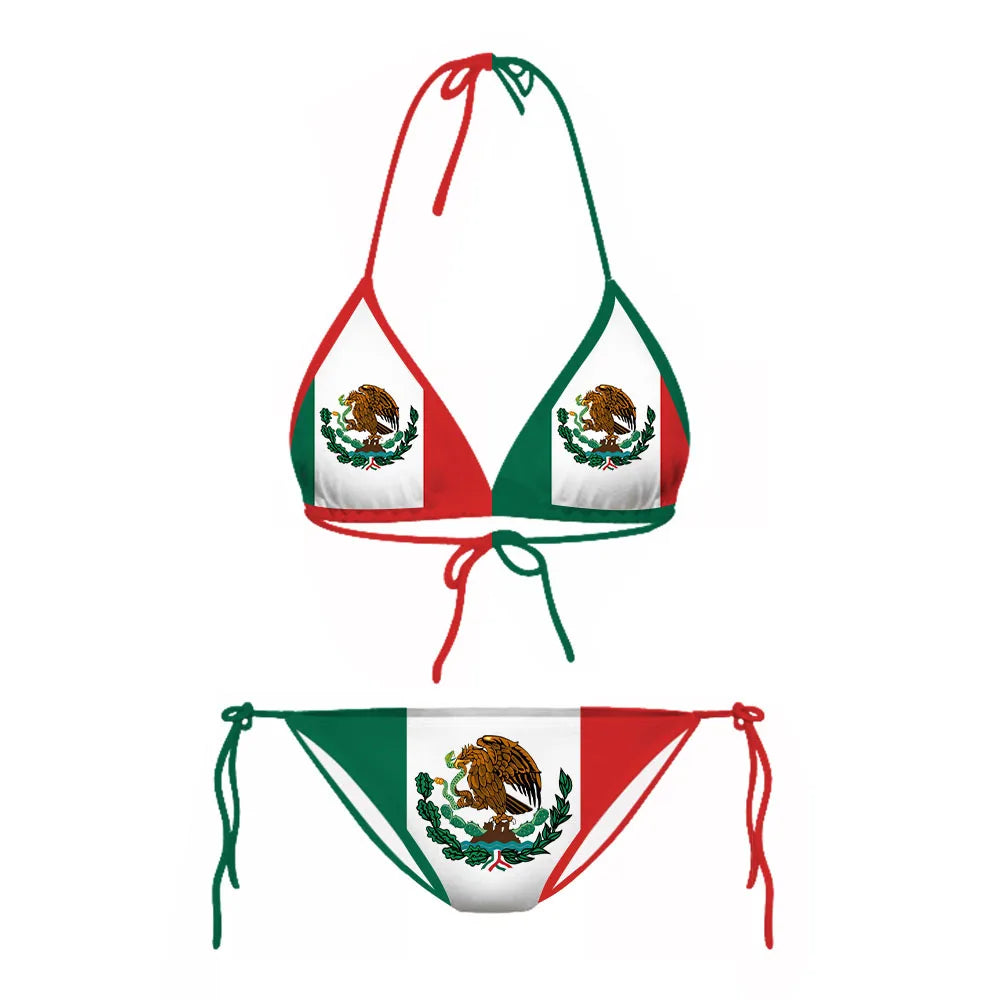 CLOOCL Mexico Flag Bikini Set — Sexy Adjustable Lacing Swimsuit for Women, No Chest Pad