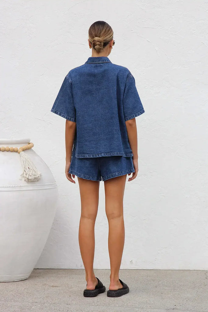 Women 2pcs Clothes Set Denim Short Sleeve Jacket Coat Shirt & High Waist Shorts Pants Jeans Sexy