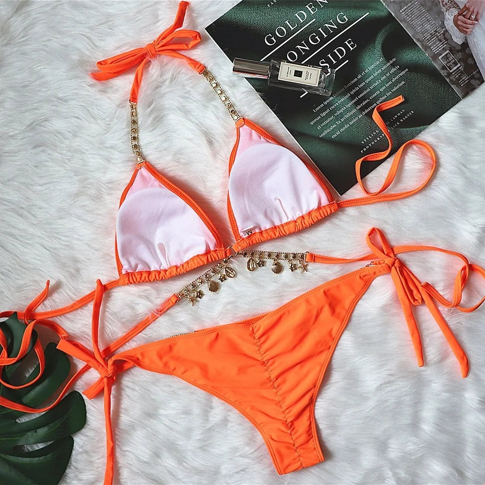 Sexy Solid‑Color Brazilian Bikini Set