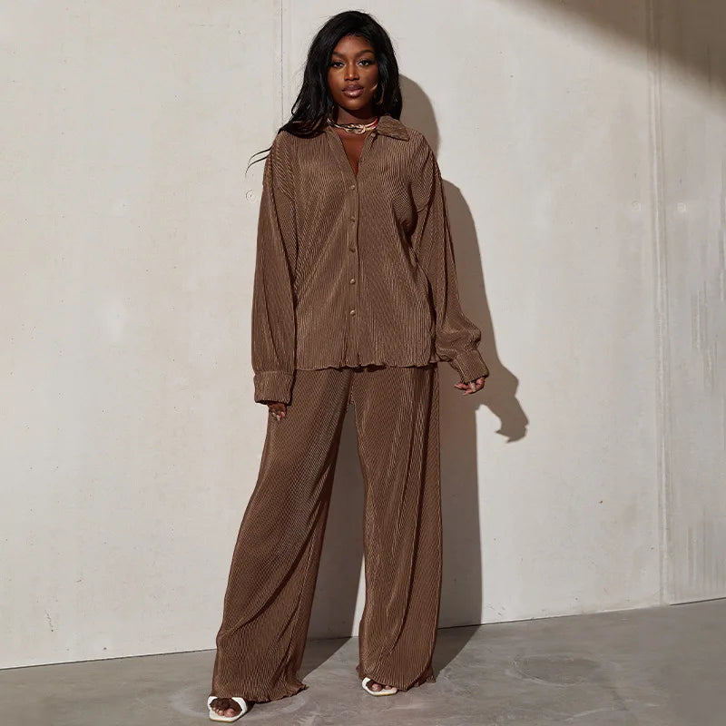 CM.YAYA Street Women's Set Long Sleeve Shirt Tops and Wide Leg Pants Elegant Tracksuit Two Piece Set Sweatsuit Fitness Outfits