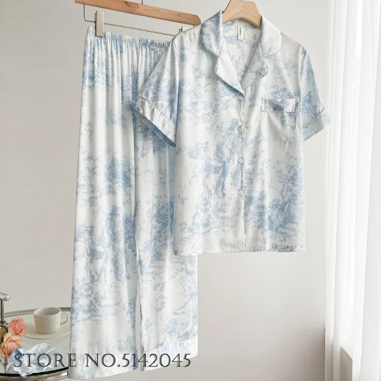 New Chinese Style Pajamas Women Jacquard Flower Sleepwear Short Sleeve Trouser Suits Spring Summer Silk Satin Nightwear Homewear