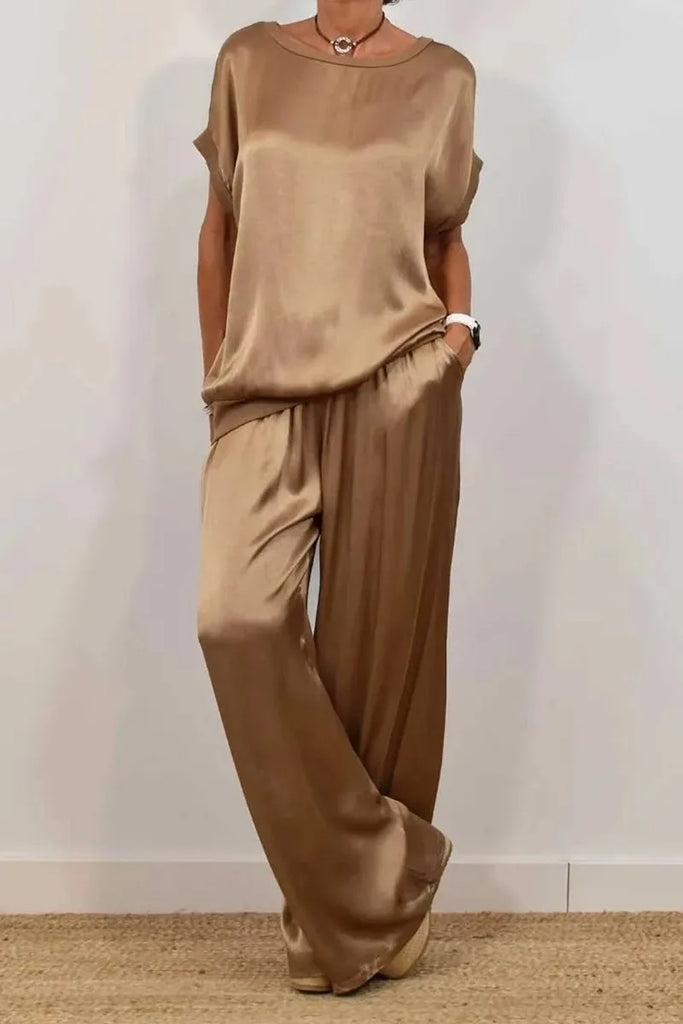 2025 Spring Satin Oversize Women Suit Black V-neck Tops Long Pants Loose Suits Female Summer Casual Trendy Ladies Clothes Sets