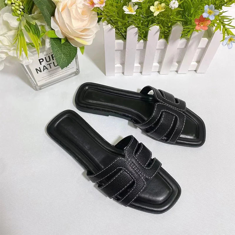 Women’s French Square Toe Slides — Multicolor H‑Slippers Summer Beach Sandals High‑Quality Designer Style