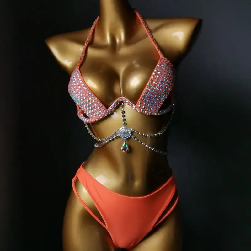 Diamante Bikini Sexy Nightclub Bar DJ Pole Dancing Bikini Sparkly Rhinestones Bra Shorts 2-Piece Set Party Performance Costume