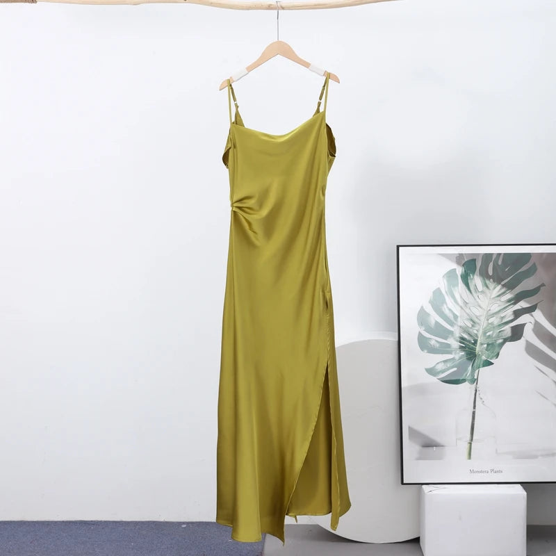 Fashion Satin Ruffles Sling Maxi Dress For Women Elegant Side Split Long Dress 2025 Sexy Backless Sleeveless Club Female Vestido