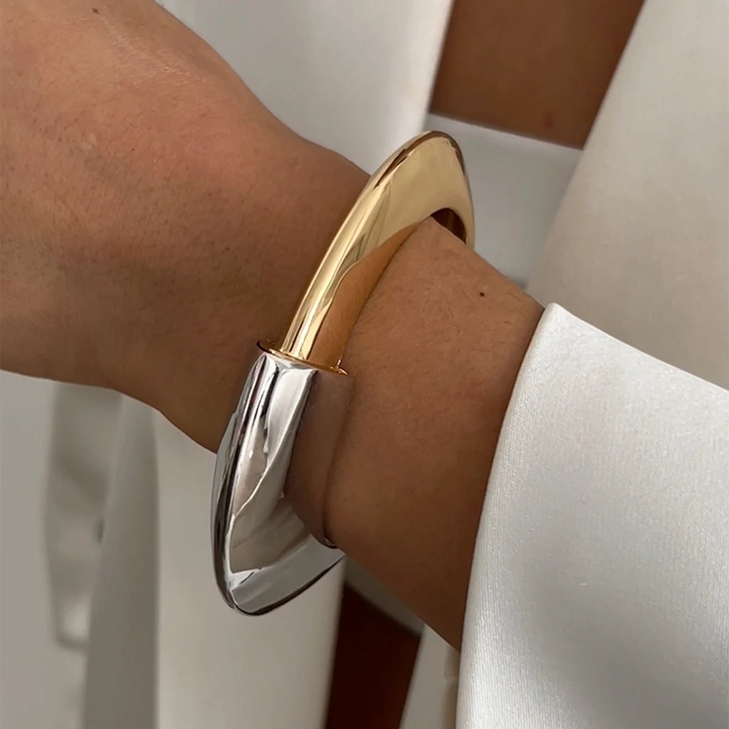 KunJoe 2025 New Smooth Gold Color Silver Color Open Spring Bangles for Women Design Geometric Wide Cuff Bracelets Hand Jewelry