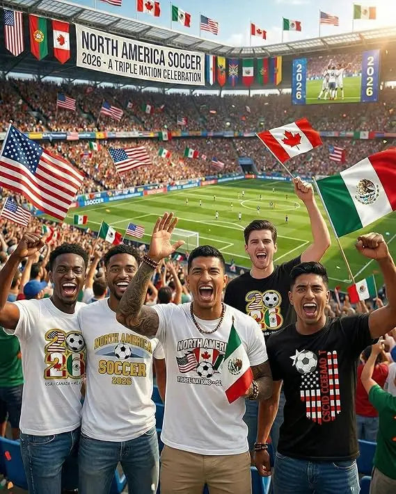 2026 Soccer Fan T‑Shirt — North America Flags Graphic Tee USA Canada Mexico Unisex