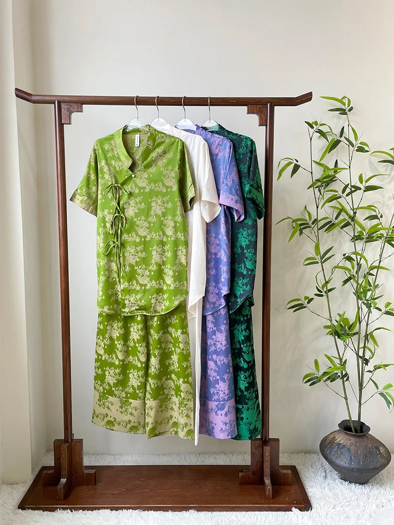 New Chinese Style Pajamas Women Jacquard Flower Sleepwear Short Sleeve Trouser Suits Spring Summer Silk Satin Nightwear Homewear