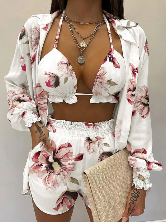 Women’s 2024 High‑Waist 3‑Piece Bikini Set – Printed Swimsuit with Shorts Cover‑Up Summer Beachwear