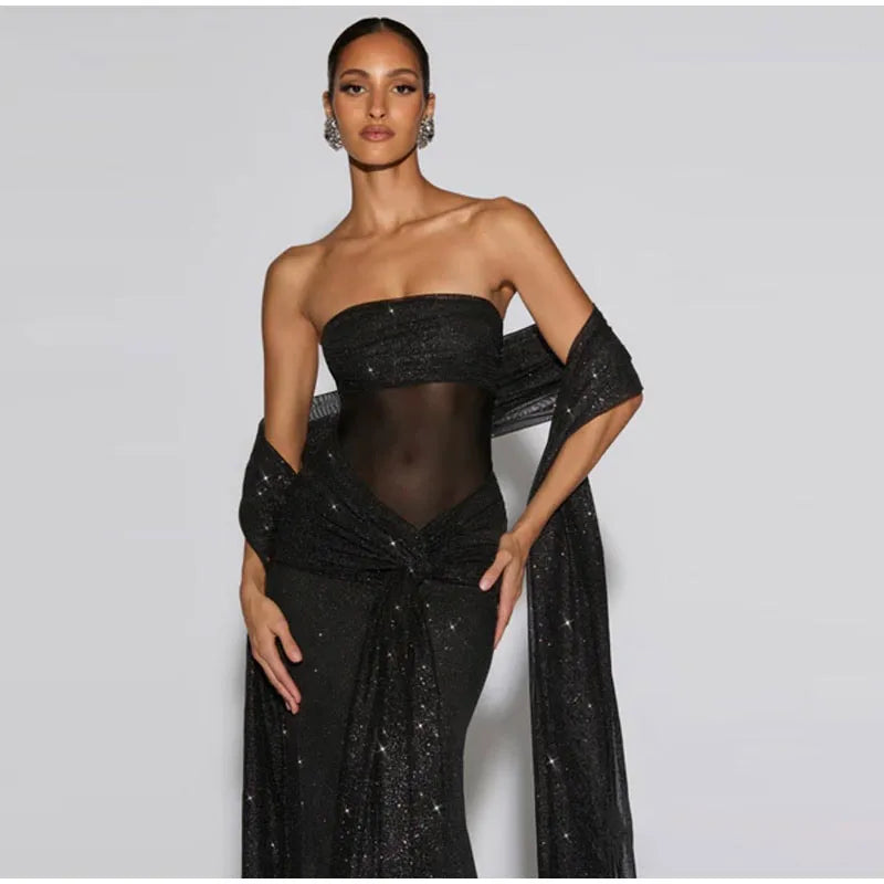 Sexy Ribbon Sparkle Strapless Draped Maxi Dress Women Sleeveless Backless Bodycon Long Dresses 2025 New Lady Club Party Robes