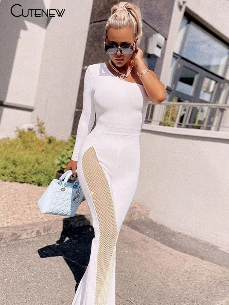 NIBBER Sexy Mesh Patchwork One Shoulder Playsuits Women Elegant Solid Skinny Flare Pants Jumpsuit Fashion Lady Party Streetwear