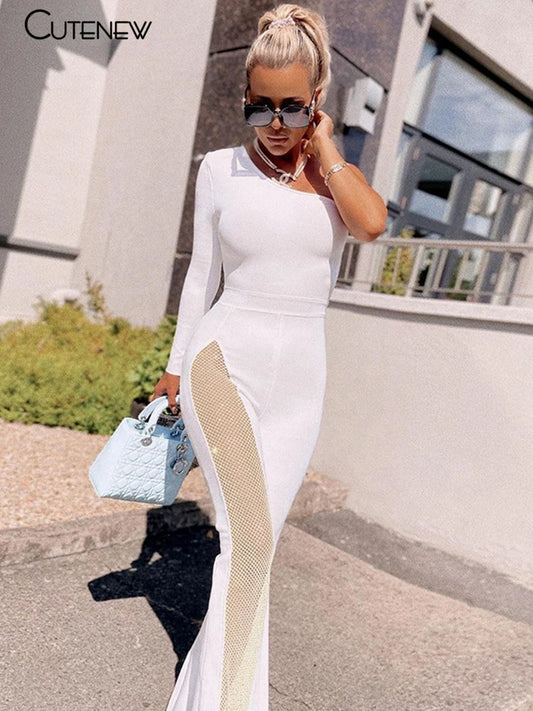 NIBBER Sexy Mesh Patchwork One Shoulder Playsuits Women Elegant Solid Skinny Flare Pants Jumpsuit Fashion Lady Party Streetwear