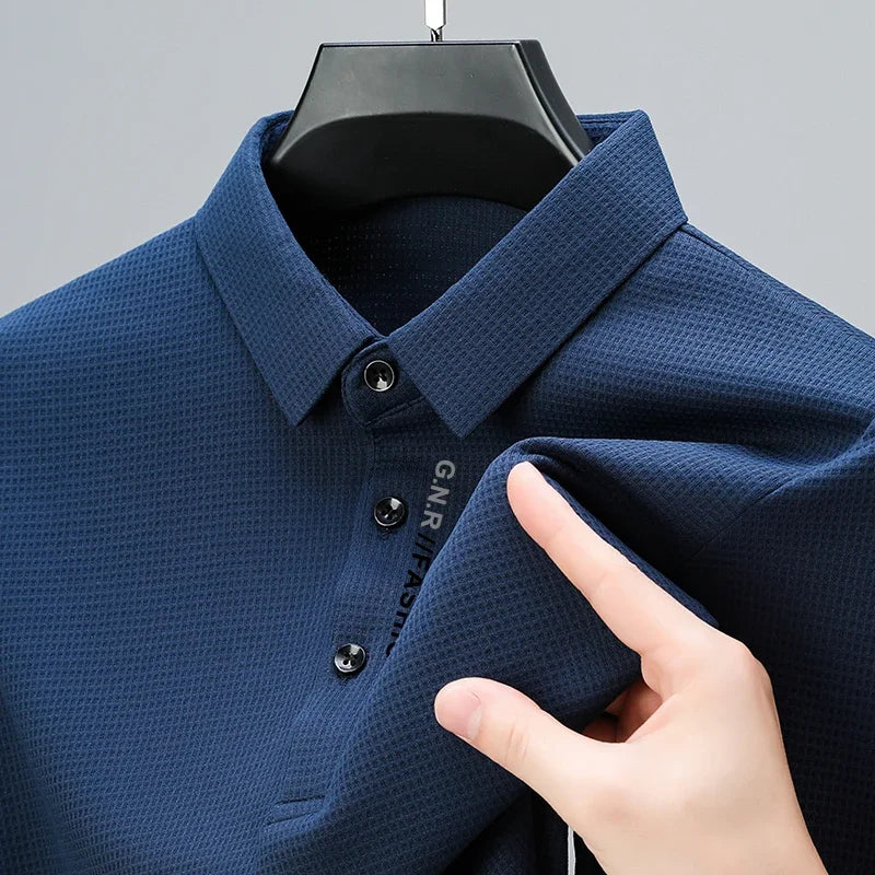 Waffle Knit Long‑Sleeve Polo Shirt