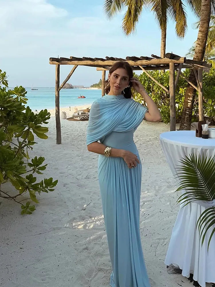 Irregular Shawl Blue Maxi Dress – Women’s 2025 Slim‑Fit Turtleneck Pleated Evening Party Dress